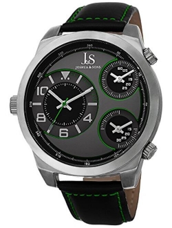 Men's JS88 Black Triple Time Zone Quartz Watch with Black Dial and Black Leather Strap