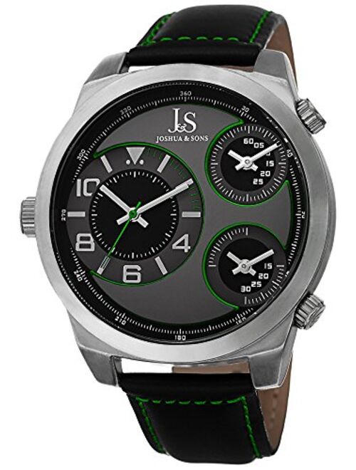 Joshua & Sons Men's JS88 Black Triple Time Zone Quartz Watch with Black Dial and Black Leather Strap