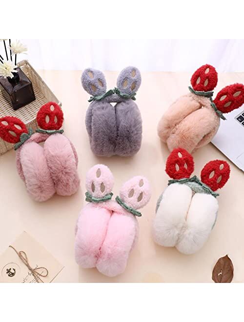 Harr Winter Ear Muffs Faux Fur Earmuffs Strawberry Ears Foldable Plush Thermal Ear Warmers Women Ladies Girls Cold Weather