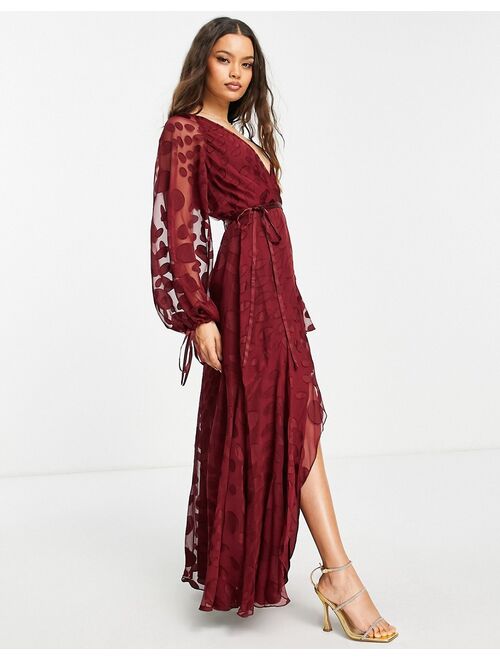 Asos Design Petite satin jacquard warped spot wrap maxi dress with tie waist