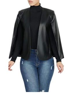 Women's PU Faux Leather Open Front Cape Cloak Poncho Slit Sleeve Short Jacket Coat Blazer
