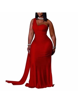 Womens Plus Size Sexy Elegant One Shoulder Bodycon Long Formal Party Dress Evening Gown