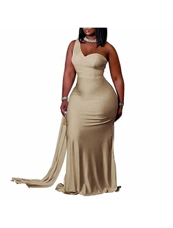 Womens Plus Size Sexy Elegant One Shoulder Bodycon Long Formal Party Dress Evening Gown