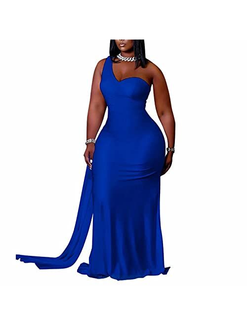 Aro Lora Womens Plus Size Sexy Elegant One Shoulder Bodycon Long Formal Party Dress Evening Gown