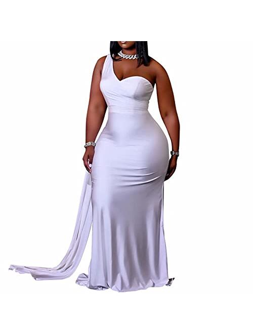 Aro Lora Womens Plus Size Sexy Elegant One Shoulder Bodycon Long Formal Party Dress Evening Gown