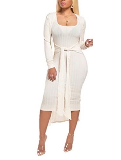 Womens 2 Piece Outfits Open Front Cardigan Tie Knot Tank Bodycon Midi Dress Set Clubwear