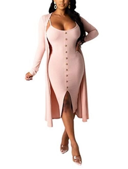 Womens 2 Piece Outfits Open Front Cardigan Tie Knot Tank Bodycon Midi Dress Set Clubwear