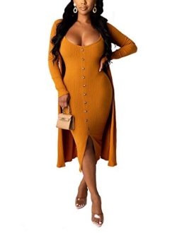 Womens 2 Piece Outfits Open Front Cardigan Tie Knot Tank Bodycon Midi Dress Set Clubwear