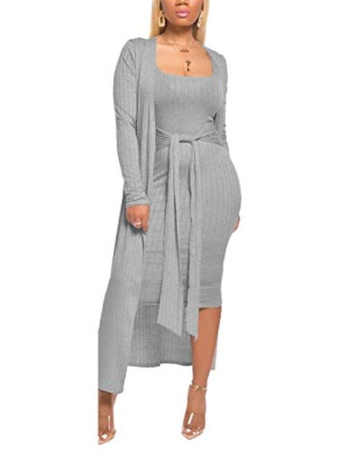 Aro Lora Womens 2 Piece Outfits Open Front Cardigan Tie Knot Tank Bodycon Midi Dress Set Clubwear