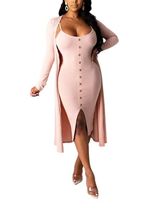 Aro Lora Womens 2 Piece Outfits Open Front Cardigan Tie Knot Tank Bodycon Midi Dress Set Clubwear