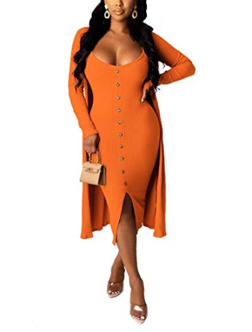 Aro Lora Womens 2 Piece Outfits Open Front Cardigan Tie Knot Tank Bodycon Midi Dress Set Clubwear