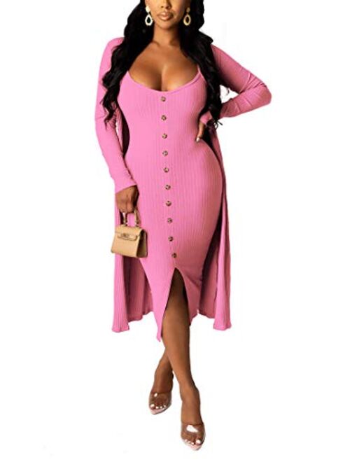 Aro Lora Womens 2 Piece Outfits Open Front Cardigan Tie Knot Tank Bodycon Midi Dress Set Clubwear