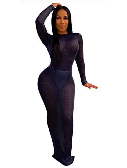 Aro Lora Women's Sexy Backless Glitter See Through Long Sleeve Slit Club Bodycon Maxi Dress