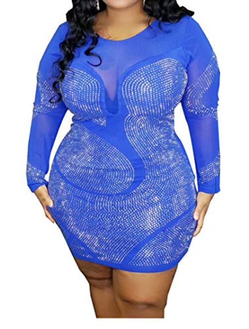 Aro Lora Womens Plus Size Sheer Mesh Rhinestones Long Sleeve Bodycon Mini Club Dress