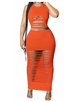 Women's Sexy Round Neck Long Sleeve Cut Out Bodycon Club Two Piece Maxi Dress
