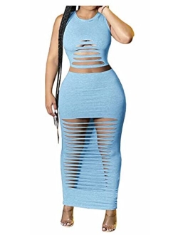 Women's Sexy Round Neck Long Sleeve Cut Out Bodycon Club Two Piece Maxi Dress