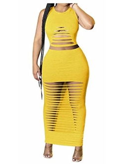 Women's Sexy Round Neck Long Sleeve Cut Out Bodycon Club Two Piece Maxi Dress