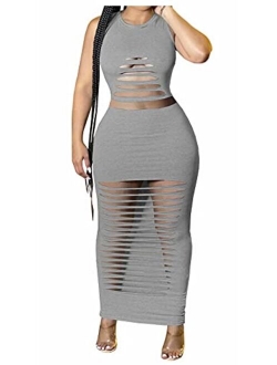 Women's Sexy Round Neck Long Sleeve Cut Out Bodycon Club Two Piece Maxi Dress