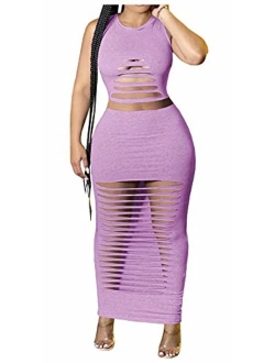 Women's Sexy Round Neck Long Sleeve Cut Out Bodycon Club Two Piece Maxi Dress