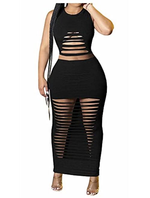 Aro Lora Women's Sexy Round Neck Long Sleeve Cut Out Bodycon Club Two Piece Maxi Dress