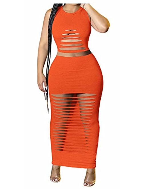 Aro Lora Women's Sexy Round Neck Long Sleeve Cut Out Bodycon Club Two Piece Maxi Dress