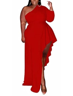 Womens Plus Size Elegant One Shoulder Ruffle Asymmetrical Party Long Maxi Dress