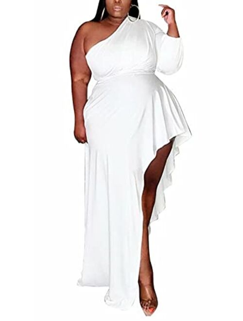 Aro Lora Womens Plus Size Elegant One Shoulder Ruffle Asymmetrical Party Long Maxi Dress