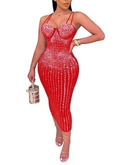 Womens Sexy Glitter Hot Drilling Sheer Mesh See Through Bodycon Long Midi Club Dress