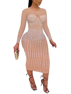 Womens Sexy Glitter Hot Drilling Sheer Mesh See Through Bodycon Long Midi Club Dress