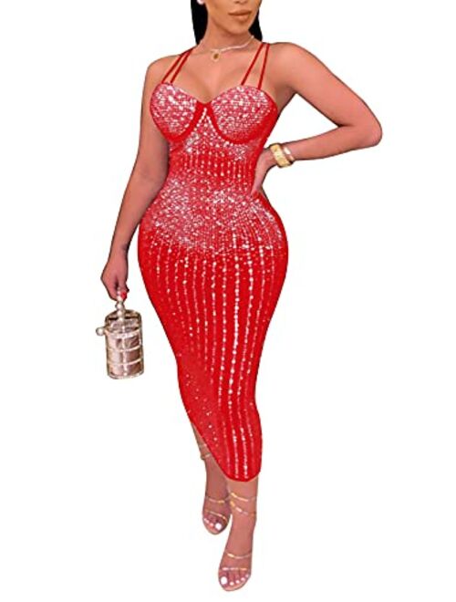 Aro Lora Womens Sexy Glitter Hot Drilling Sheer Mesh See Through Bodycon Long Midi Club Dress