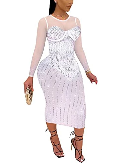 Aro Lora Womens Sexy Glitter Hot Drilling Sheer Mesh See Through Bodycon Long Midi Club Dress