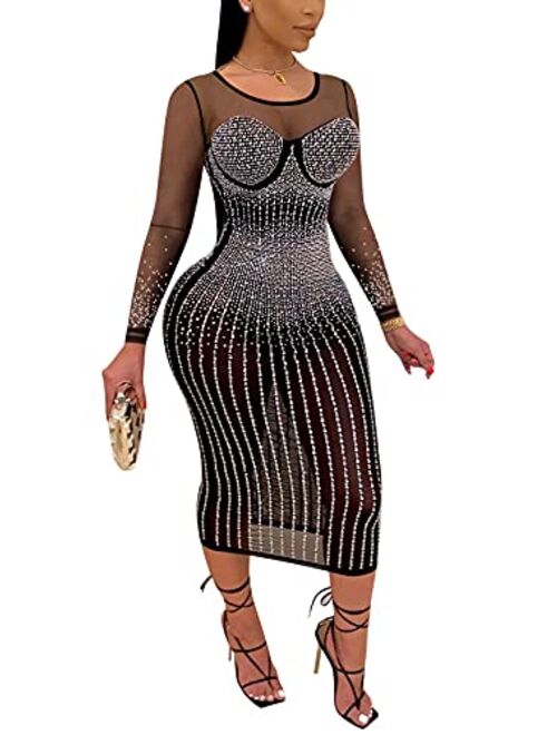 Aro Lora Womens Sexy Glitter Hot Drilling Sheer Mesh See Through Bodycon Long Midi Club Dress