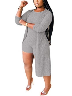 Womens 2 Piece Outfit Ribbed Open Front Cardigan and Sleeveless Bodycon Jumpsuit