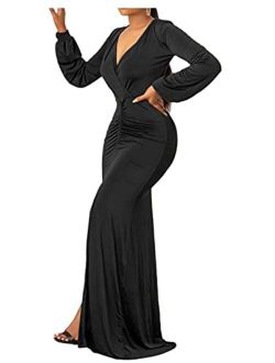 Womens Sexy Deep V Neck Long Sleeve Ruched Wrap Slit Party Evening Bodycon Maxi Dress
