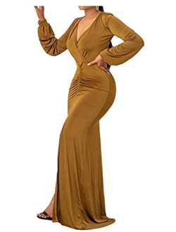 Womens Sexy Deep V Neck Long Sleeve Ruched Wrap Slit Party Evening Bodycon Maxi Dress