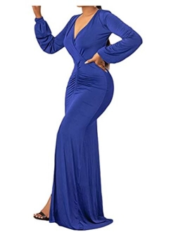 Womens Sexy Deep V Neck Long Sleeve Ruched Wrap Slit Party Evening Bodycon Maxi Dress