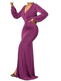 Womens Sexy Deep V Neck Long Sleeve Ruched Wrap Slit Party Evening Bodycon Maxi Dress