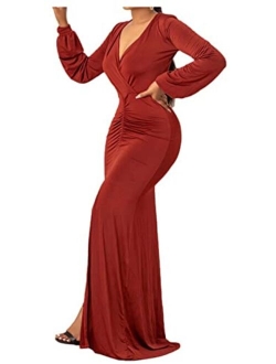 Womens Sexy Deep V Neck Long Sleeve Ruched Wrap Slit Party Evening Bodycon Maxi Dress