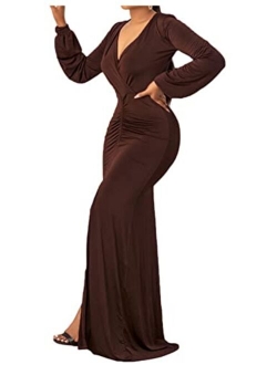 Womens Sexy Deep V Neck Long Sleeve Ruched Wrap Slit Party Evening Bodycon Maxi Dress