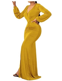 Womens Sexy Deep V Neck Long Sleeve Ruched Wrap Slit Party Evening Bodycon Maxi Dress