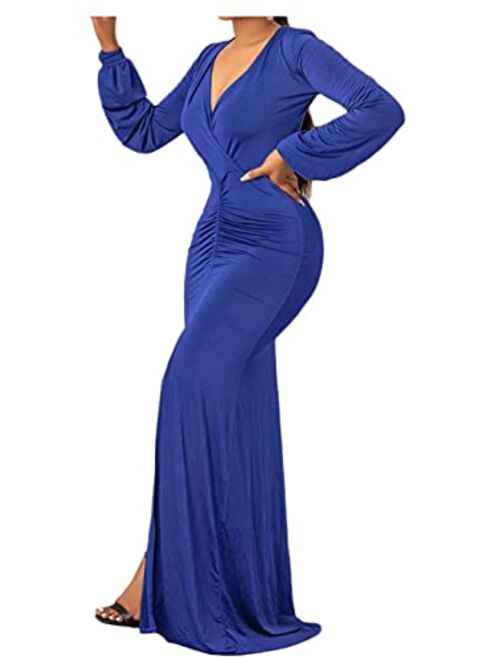 Aro Lora Womens Sexy Deep V Neck Long Sleeve Ruched Wrap Slit Party Evening Bodycon Maxi Dress