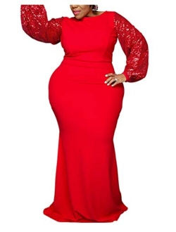 Womens Plus Size Sexy Long Sleeve Sparkly Sequin Party Evening Bodycon Long Maxi Dress