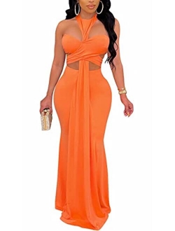 Womens Sexy Elegant Sleeveless Open Back Cutout Long Evening Party Bodycon Maxi Dress