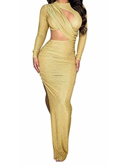 Womens Sexy Long Sleeve Cut Out Side Slit Ruched Glitter Party Club Bodycon Maxi Dress