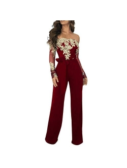 Women's Off Shoulder Jumpsuit Floral Embroidery Lace See Through Wide Leg Romper