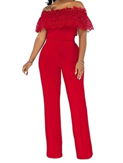 Women's Off Shoulder Jumpsuit Floral Embroidery Lace See Through Wide Leg Romper