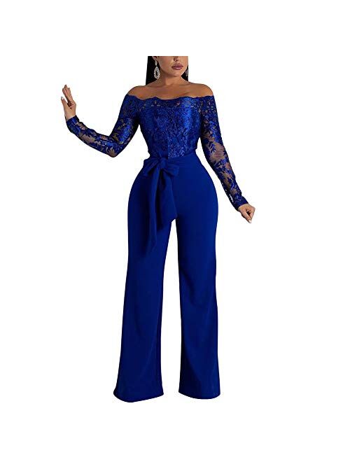 Aro Lora Women's Off Shoulder Jumpsuit Floral Embroidery Lace See Through Wide Leg Romper