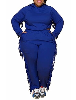 Womens Plus Size Tracksuit 2 Piece Outfit Sequin Tassels Cold Shoulder Pullover Top and Pant Set