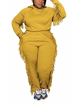 Womens Plus Size Tracksuit 2 Piece Outfit Sequin Tassels Cold Shoulder Pullover Top and Pant Set