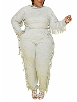 Womens Plus Size Tracksuit 2 Piece Outfit Sequin Tassels Cold Shoulder Pullover Top and Pant Set